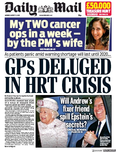 Daily Mail Newspaper Front Page (UK) for 12 August 2019