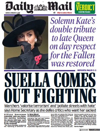 Daily Mail Newspaper Front Page (UK) for 13 November 2023