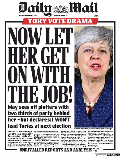 Daily Mail Newspaper Front Page (UK) for 13 December 2018