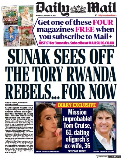 Daily Mail Newspaper Front Page (UK) for 13 December 2023
