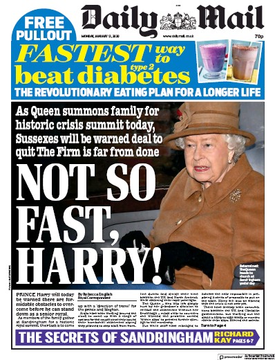 Daily Mail Newspaper Front Page (UK) for 13 January 2020