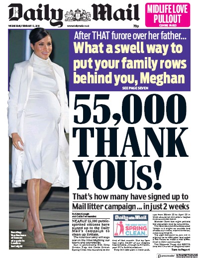 Daily Mail Newspaper Front Page (UK) for 13 February 2019