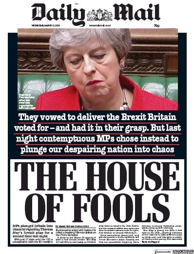Daily Mail Newspaper Front Page (UK) for 13 March 2019