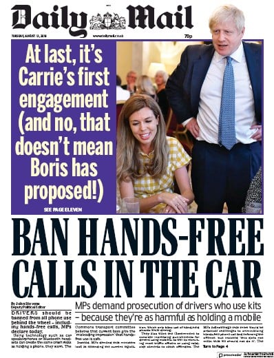 Daily Mail Newspaper Front Page (UK) for 13 August 2019
