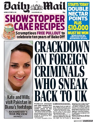 Daily Mail Newspaper Front Page (UK) for 14 October 2019