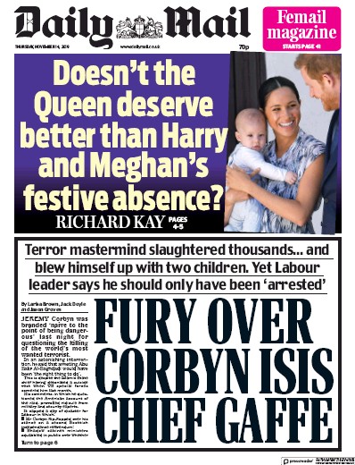 Daily Mail Newspaper Front Page (UK) for 14 November 2019
