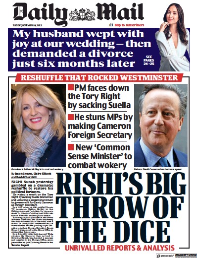 Daily Mail Newspaper Front Page (UK) for 14 November 2023