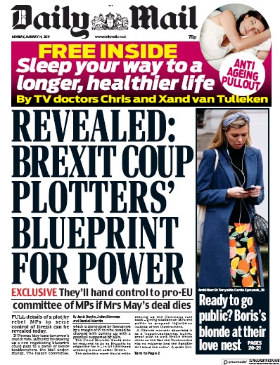 Daily Mail Newspaper Front Page (UK) for 14 January 2019