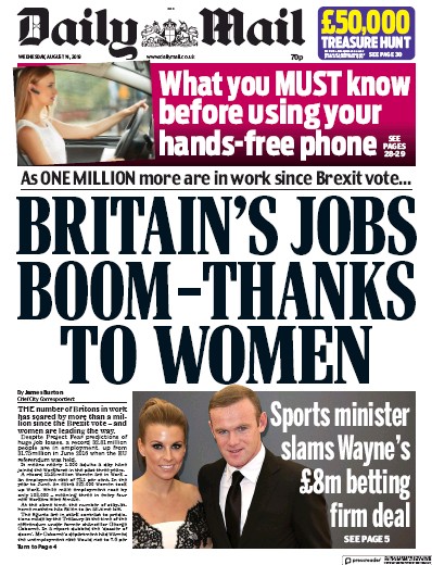Daily Mail Newspaper Front Page (UK) for 14 August 2019