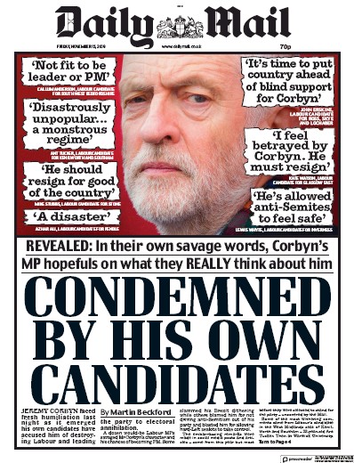 Daily Mail Newspaper Front Page (UK) for 15 November 2019