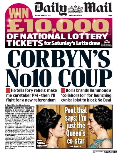 Daily Mail Newspaper Front Page (UK) for 15 August 2019