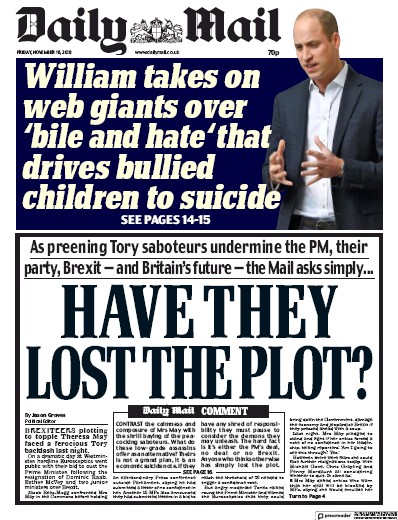 Daily Mail Newspaper Front Page (UK) for 16 November 2018