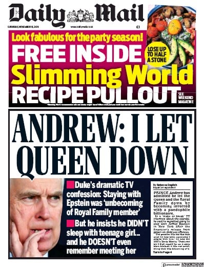 Daily Mail Newspaper Front Page (UK) for 16 November 2019