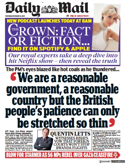 Daily Mail Newspaper Front Page (UK) for 16 November 2023