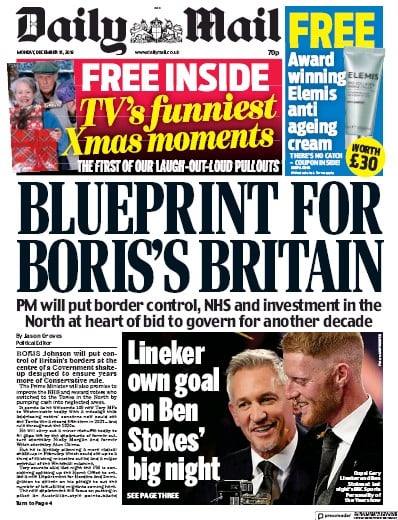 Daily Mail Newspaper Front Page (UK) for 16 December 2019