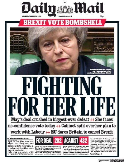 Daily Mail Newspaper Front Page (UK) for 16 January 2019
