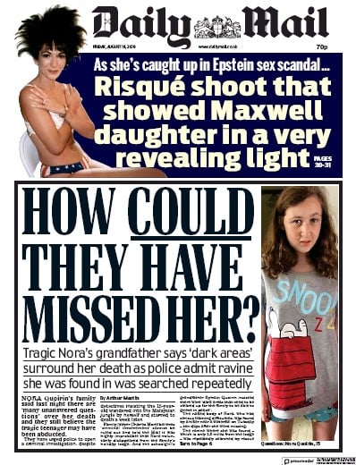 Daily Mail Newspaper Front Page (UK) for 16 August 2019