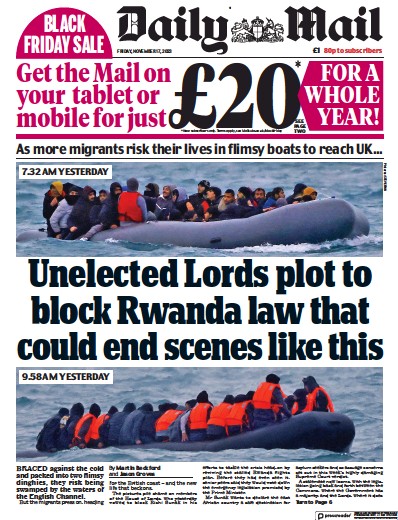 Daily Mail Newspaper Front Page (UK) for 17 November 2023