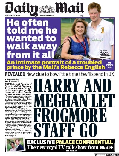 Daily Mail Newspaper Front Page (UK) for 17 January 2020
