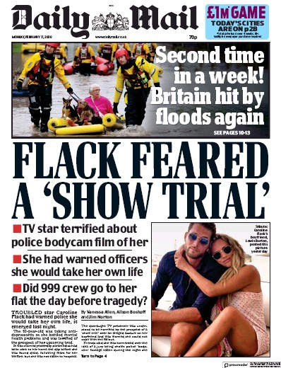 Daily Mail Newspaper Front Page (UK) for 17 February 2020