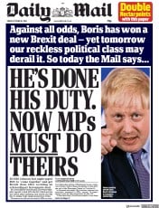 Daily Mail (UK) Newspaper Front Page for 18 October 2019