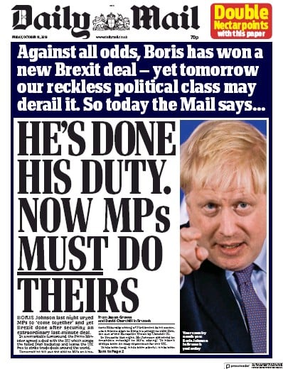 Daily Mail Newspaper Front Page (UK) for 18 October 2019
