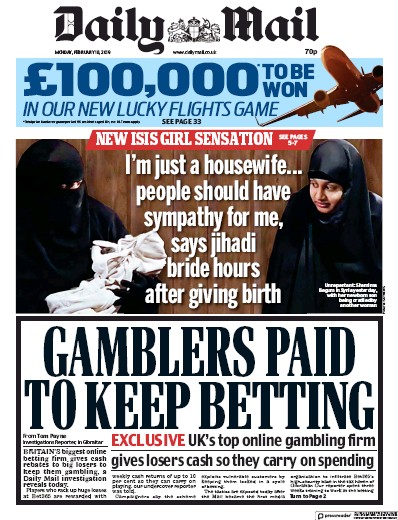 Daily Mail Newspaper Front Page (UK) for 18 February 2019