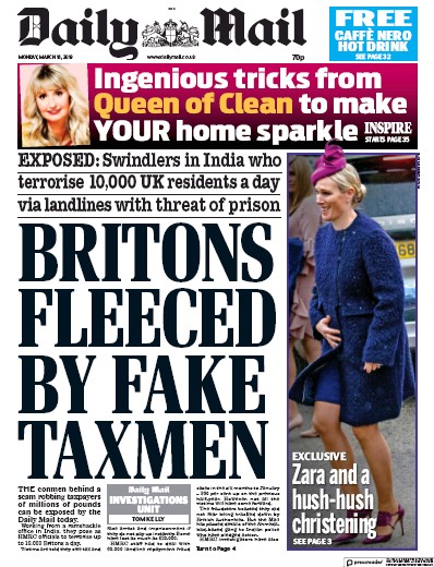 Daily Mail Newspaper Front Page (UK) for 18 March 2019