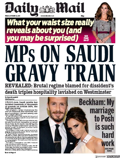 Daily Mail Newspaper Front Page (UK) for 19 October 2018