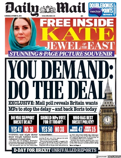 Daily Mail Newspaper Front Page (UK) for 19 October 2019