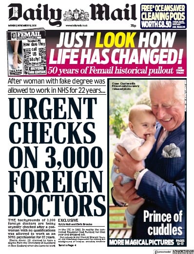 Daily Mail Newspaper Front Page (UK) for 19 November 2018