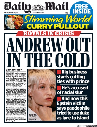 Daily Mail Newspaper Front Page (UK) for 19 November 2019