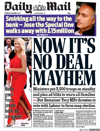 Daily Mail Newspaper Front Page (UK) for 19 December 2018