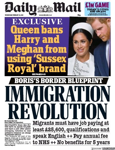 Daily Mail Newspaper Front Page (UK) for 19 February 2020