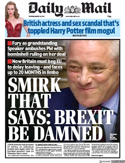 Daily Mail Newspaper Front Page (UK) for 19 March 2019