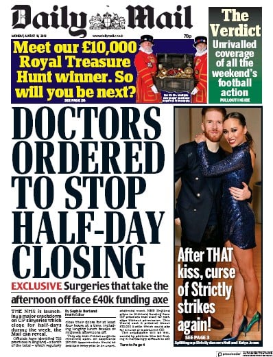 Daily Mail Newspaper Front Page (UK) for 19 August 2019
