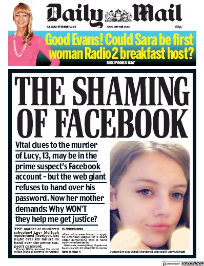 Daily Mail Newspaper Front Page (UK) for 1 October 2018