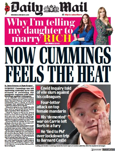 Daily Mail Newspaper Front Page (UK) for 1 November 2023