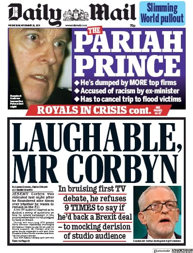 Daily Mail Newspaper Front Page (UK) for 20 November 2019
