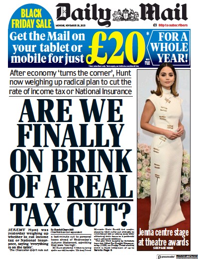 Daily Mail Newspaper Front Page (UK) for 20 November 2023