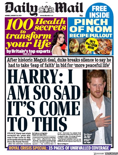 Daily Mail Newspaper Front Page (UK) for 20 January 2020