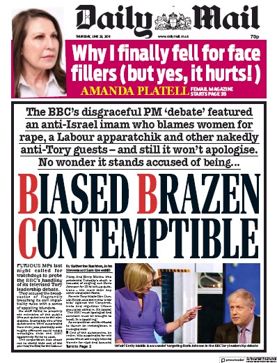 Daily Mail Newspaper Front Page (UK) for 20 June 2019