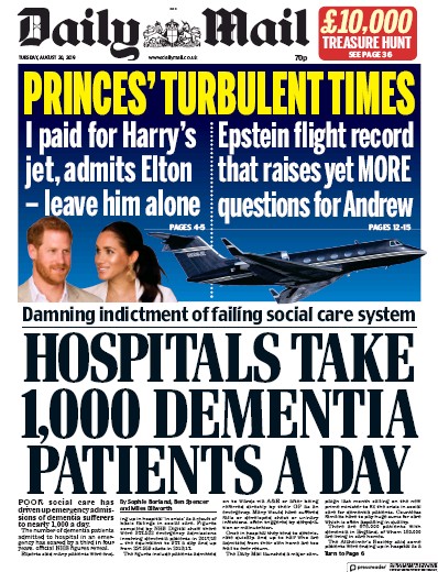 Daily Mail Newspaper Front Page (UK) for 20 August 2019