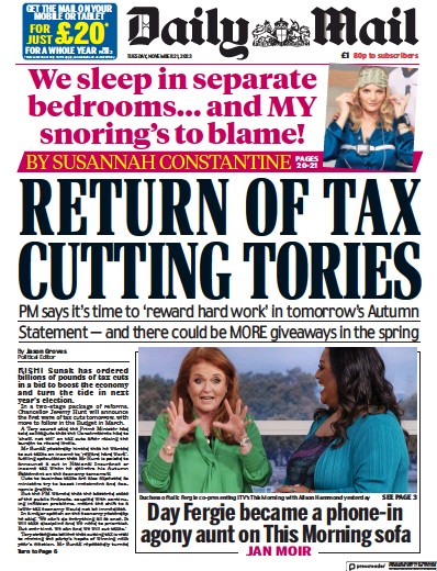 Daily Mail Newspaper Front Page (UK) for 21 November 2023