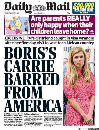 Daily Mail Newspaper Front Page (UK) for 21 August 2019