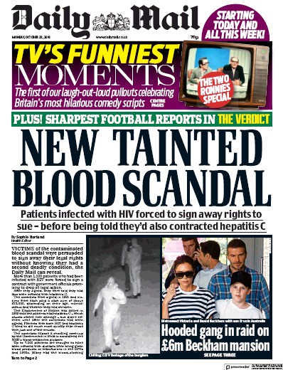 Daily Mail Newspaper Front Page (UK) for 22 October 2018