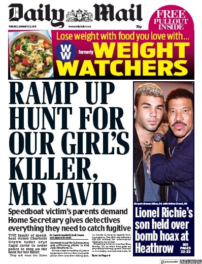 Daily Mail Newspaper Front Page (UK) for 22 January 2019