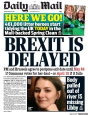 Daily Mail (UK) Newspaper Front Page for 22 March 2019