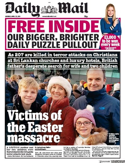 Daily Mail Newspaper Front Page (UK) for 22 April 2019