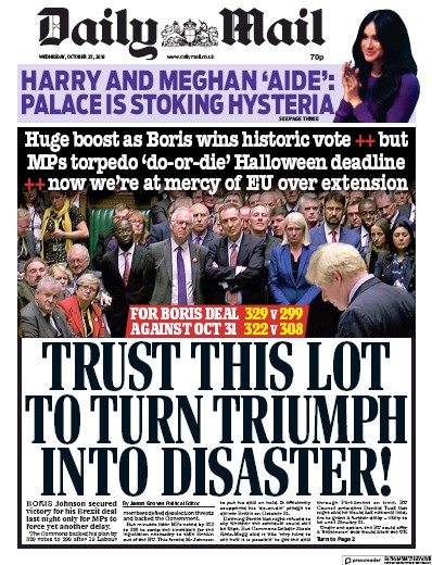 Daily Mail Newspaper Front Page (UK) for 23 October 2019